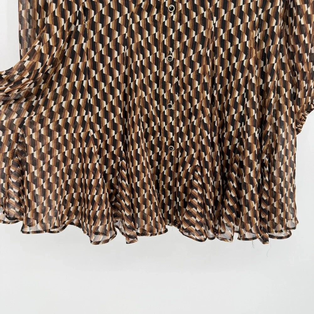 ZARA BROWN GEO PRINT GOLD LUREX MINI SHIRT DRESS RETRO‎ SMALL -- FLAWED